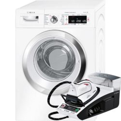 Bosch i-DOS WAWH8660GB A+++-30% 9kg 1400 Spin Home Connect Washing Machine in  White & Bosch TDS4571GB i-Temp Steam Generator Bundle